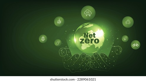 Concept of Net Zero emissions. Net Zero Emissions Goals With a connected icon on green circles background.