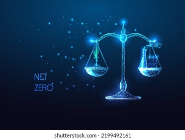 Concept of net zero emissions with green sprout and factory plant on balance scales on dark blue