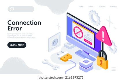 Concept of network connection error. Landing page design with computer screen, lock, socket and plug. Warning about lack of Internet access. Cartoon contemporary isometric vector illustration