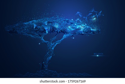 concept of network connection technology or big data, blue cyber polygon tree with futuristic element