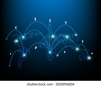 Concept network of money transfers and currency exchanges between countries of the world
