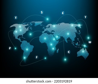 Red conceptual de transferencias de dinero e intercambios de divisas entre países del mundo