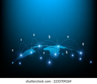 Concept network of money transfers and currency exchanges between countries of the world