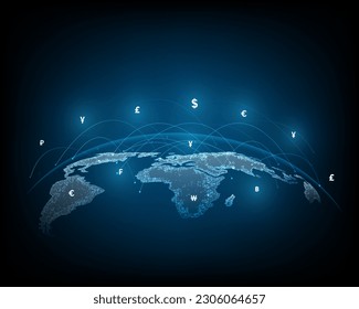 Concept network of money transfers and currency exchanges between countries of the world