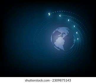 Concept network of money transfers and currency exchanges between countries of the world