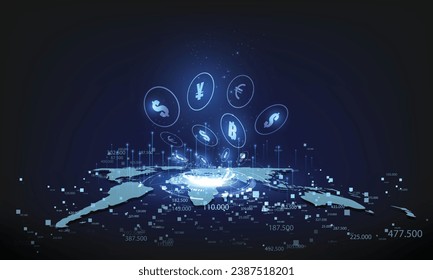 Concept network of money transfers and currency exchanges between countries of the world