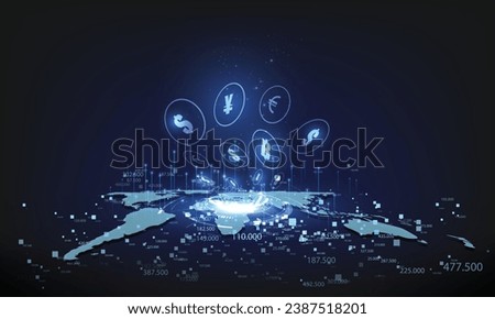 Concept network of money transfers and currency exchanges between countries of the world