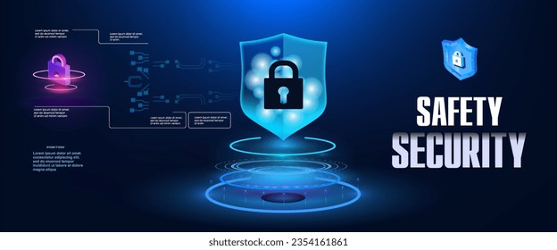 Concept of network security and data transfer. Security and protection. Futuristic cyber system against malware and hacking. Holographic security shield with neon glow