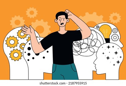 Concept of neurodiversity. Young guy on background of abstract silhouettes of head. Thinking and psychology, study of brain activity. Medicine, biology and anatomy. Cartoon flat vector illustration