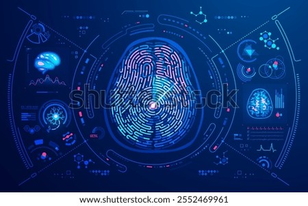 concept of neuroscience or MRI scan technology, graphic of  brain shape combined with fingerprint and medical interface