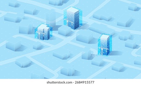 O conceito de novos edifícios está em construção. Construção de cidade futurista e desenvolvimento urbano. Tecnologia em construção para inovar a infraestrutura. Ilustração vetorial