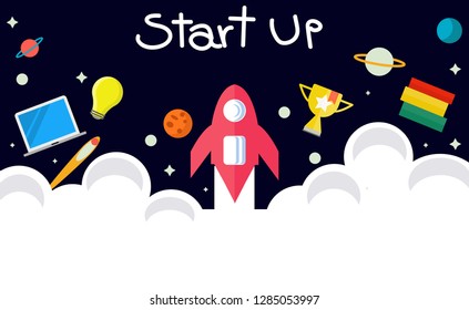 Concept: new business project start up, launching new product or education. There are spaceship, books, laptop, bulb, trophy and many planets.