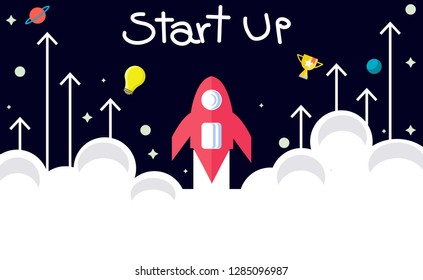 Concept: new business project start up, launching new product or education. There are spaceship, arrows, bulb, trophy and planets.