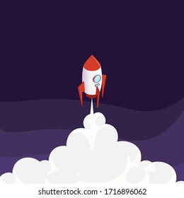 Concepto de la puesta en marcha de nuevos proyectos empresariales, el lanzamiento de un nuevo servicio de productos, ilustración de un vector de diseño plano. Buque espacial de caricatura que simboliza el deseo de innovación y nuevas altitudes en el desarrollo tecnológico