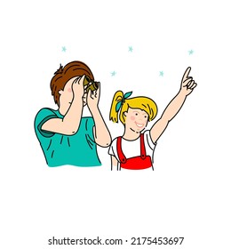 The concept of new discoveries by children. A boy and a girl are looking at something enthusiastically. One child holds binoculars, and the other indicates where to look. Vector in doodle style.