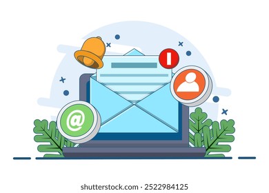 Concepto de nueva notificación por correo electrónico en la pantalla del dispositivo, marketing digital directo, recordatorio de mensaje no leído, concepto de marketing por correo electrónico. Ilustración vectorial plana sobre fondo.