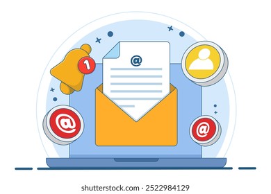 Concept of new email notification on device screen, Direct digital marketing, Unread message reminder, Email marketing concept. Flat vector illustration on background.