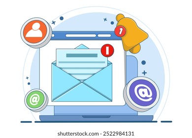 Concept of new email notification on device screen, Direct digital marketing, Unread message reminder, Email marketing concept. Flat vector illustration on background.