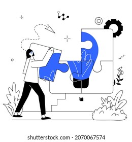 Concept new idea flat outline illustration black.The character puts the puzzle together.For a website, banner.