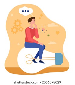 Concept of new idea. Man sits on big light bulb and thinks about solving problem and promoting business. Creative thinking. Cartoon modern flat vector illustration isolated on white background