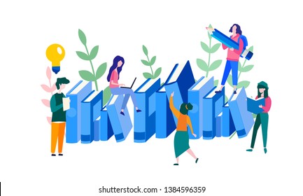 Concept new ideas solutions for web page, banner, , cards, posters. promotion in the network. Vector illustration, working together in the company, brainstorming, e-learning, study, students, exams.