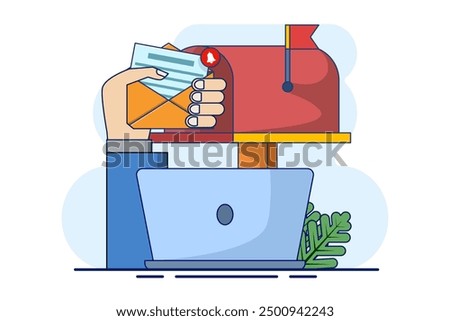 concept of New message or communication. mailbox with letters in envelopes. Mailbox. Business correspondence, subscription. Mail inbox and mailbox. Open the post box. Postal service. flat vector.