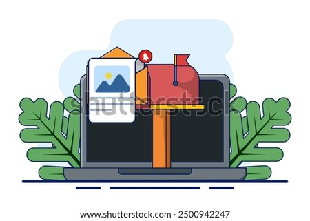 concept of New message or communication. mailbox with letters in envelopes. Mailbox. Business correspondence, subscription. Mail inbox and mailbox. Open the post box. Postal service. flat vector.