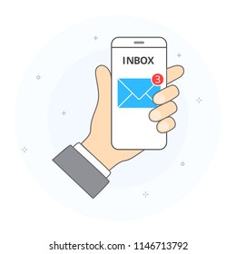 Concept of new messages on smartphone screen. Hand holding smartphone with e-mail application on screen. Isolated vector illustration in line style.