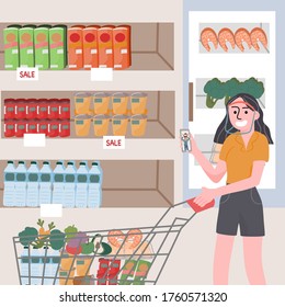 Konzept des neuen normalen Einkaufs. Flache Vektorgrafik von Cartoon-Charakter Frau mit Gesichtsschild Spaziergänge im Supermarkt, sie wählt Produkte in den Regalen.