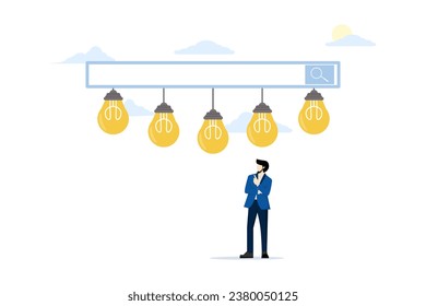 Concept of new opportunities, openness to new knowledge or science, searching for necessary information, search engine, searching for ideas on the Internet, man jumping on the search bar.
