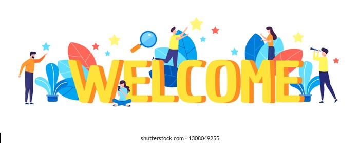 Concept New Team Member, Welcome Word, People Celebrate, For Web Page, Banner, Presentation, Social Media, Documents, Cards, Posters. Meeting, Greeting Concept. Vector Flat Style Illustration