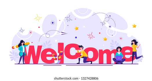 Concept New Team Member, Welcome Word, People Celebrate, For Web Page, Banner, Presentation, Social Media, Documents, Cards, Posters. Meeting, Greeting Concept Vector Illustration