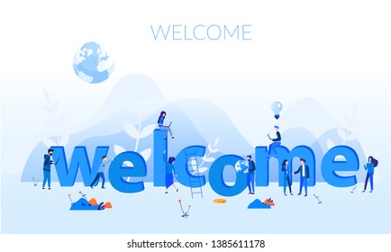 Concept new team member, welcome word, people celebrate, for web page, banner, presentation, social media, documents, cards, posters. meeting, greeting concept Vector illustration