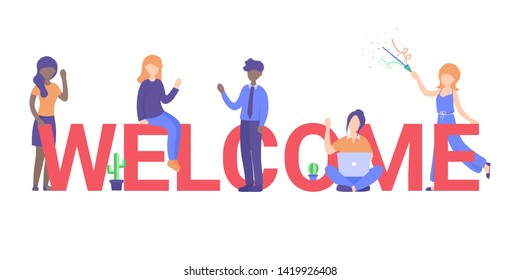 Concept new team member, welcome word, people celebrate, for web page, banner, presentation, social media, posters. Flat vector illustration.