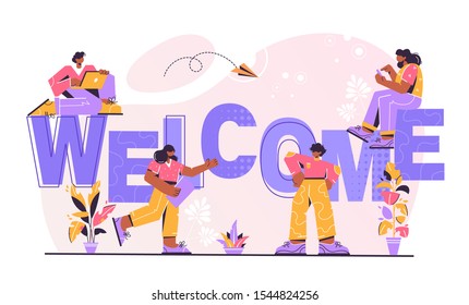 Concept new team member, welcome word, people celebrate, for web page, banner, presentation, social media, documents, cards, posters. meeting, greeting concept Vector illustration