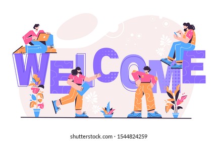 Concept new team member, welcome word, people celebrate, for web page, banner, presentation, social media, documents, cards, posters. meeting, greeting concept Vector illustration