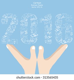 Concept of  New Year 2016 Text Design with Creative Doodle business, technology and strategy planning icon Idea on cartoon hand holding, Vector Illustration EPS 10.