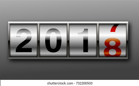 Concept of The New Year 2018. Close Up of The Digits of A Mechanical Counter, Which Counts to 2018. New Year Odometer. 