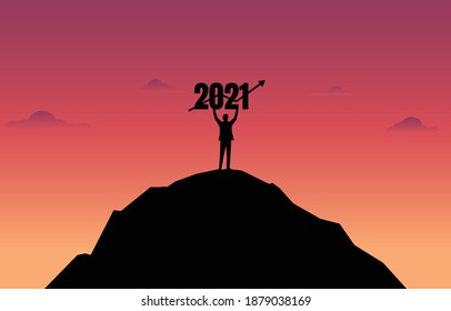 Concept of New Year 2021 and business development. Businessman with text number and arrow graph. Vision and look at the new business. Achievement. Success. Leadership