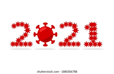 Concept new year 2021 with red virus covid-19 flat vector.