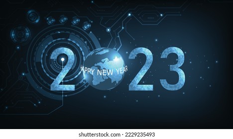  Concept of New Year 2023 Technology background.Dark blue low poly triangle connection New Year 2023 design background with sparkling glow effect.