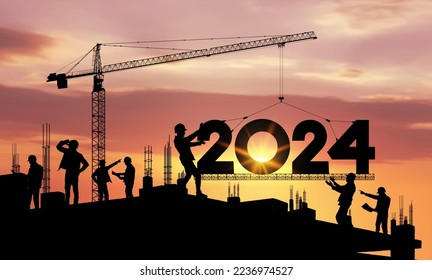 Concept New Year 2024 for marking, construction plans. Developer. Future planning and goals. Silhouette of a construction crane at a construction site raising the number 2024 year. Realistic vector.