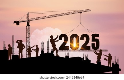 Concept New Year 2025 for marking, construction plans. Developer. Future planning and goals. Silhouette of a construction crane at a construction site raising the number 2025 year. Realistic vector.