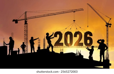 Concept New Year 2026 for marketing, construction plans. Future planning and goals. Silhouette of a construction crane at a construction site raising the number 2026 year. Developer. Realistic vector.