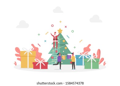 concept of new year celebration and Merry Christmas with large gifts, pine tree, Santa and tiny people, vector flat illustration for web, landing page, ui, banner, editorial, mobile app and flyer.
