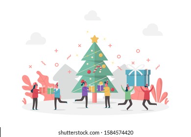 concept of new year celebration and Merry Christmas with large gifts, pine tree and tiny people, vector flat illustration for web, landing page, ui, banner, editorial, mobile app and flyer.