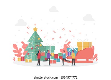concept of new year celebration and Merry Christmas with large gifts, pine tree, sleigh and tiny people, vector flat illustration for web, landing page, ui, banner, editorial, mobile app and flyer.