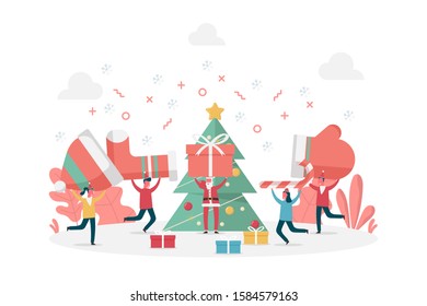 concept of new year celebration and Merry Christmas with clothes, pine tree, Santa and tiny people, vector flat illustration for web, landing page, ui, banner, editorial, mobile app and flyer.