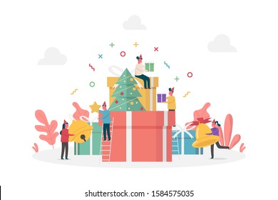 concept of new year gifts celebration with happy tiny people, pine tree and large presents, vector flat illustration for web, landing page, ui, banner, editorial, mobile app and flyer.