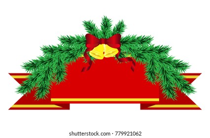 concept for New Year greeting cards. Christmas decorations of pine trees with bells and red ribbon. Template for inscription or congratulations vector illustration.